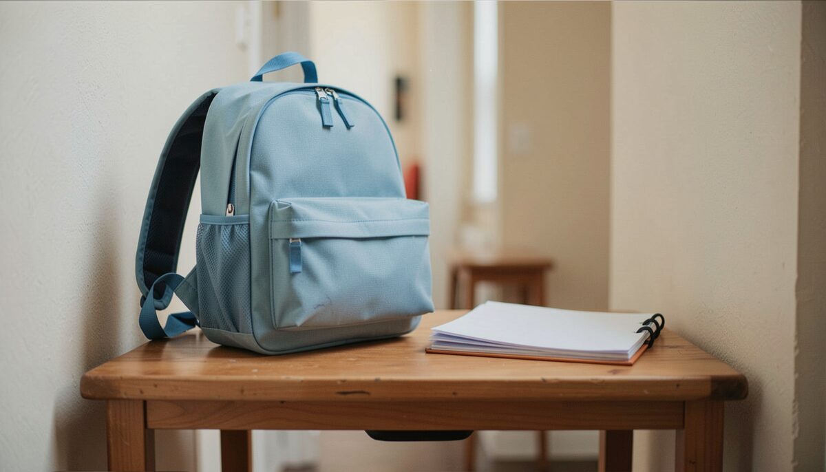 Un sac d'enfant et un dossier de papiers sur une table d'entrée. Image illustrative, générée par IA.